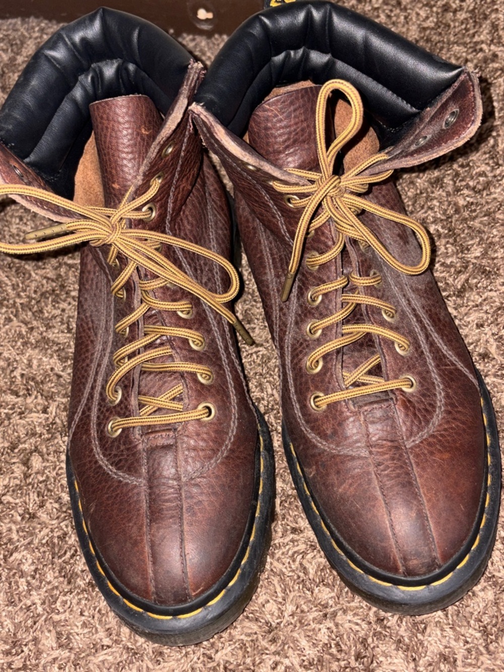 Dr. Martens Airwair Brown Leather Lace-Up Ankle Boots with Yellow Stitching - Picture 4 of 6